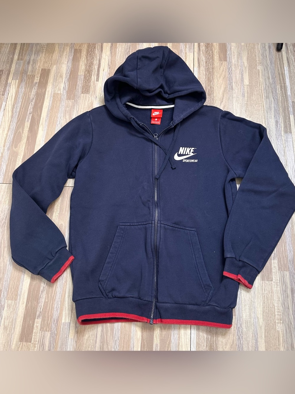 Vintage Nike Men's Navy Hooded Zip Jacket with Red Trim Size Small